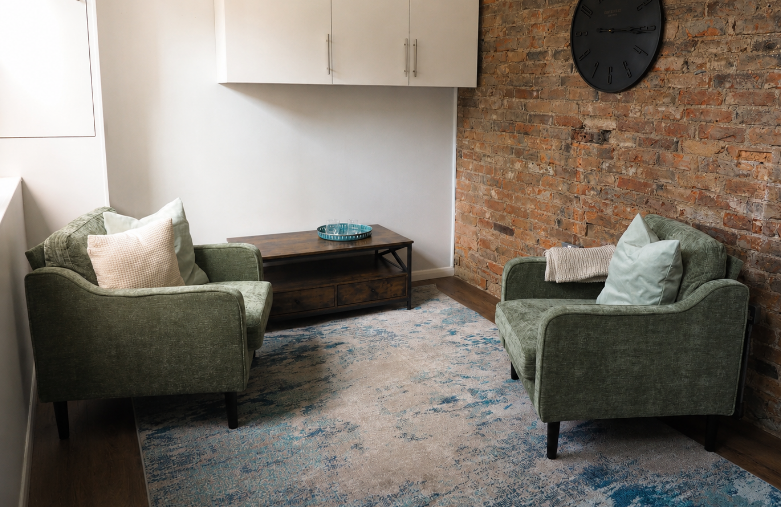 Comfortable chairs arranged in a room.